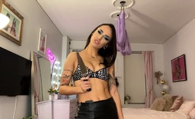 Slender Brunette With Sexy Long Legs In Solo Femdom Play