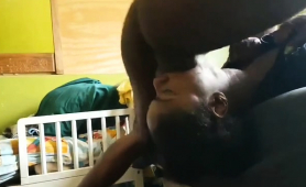 Pigtailed Ebony Teen Slides A Big Black Pole Down Her Throat